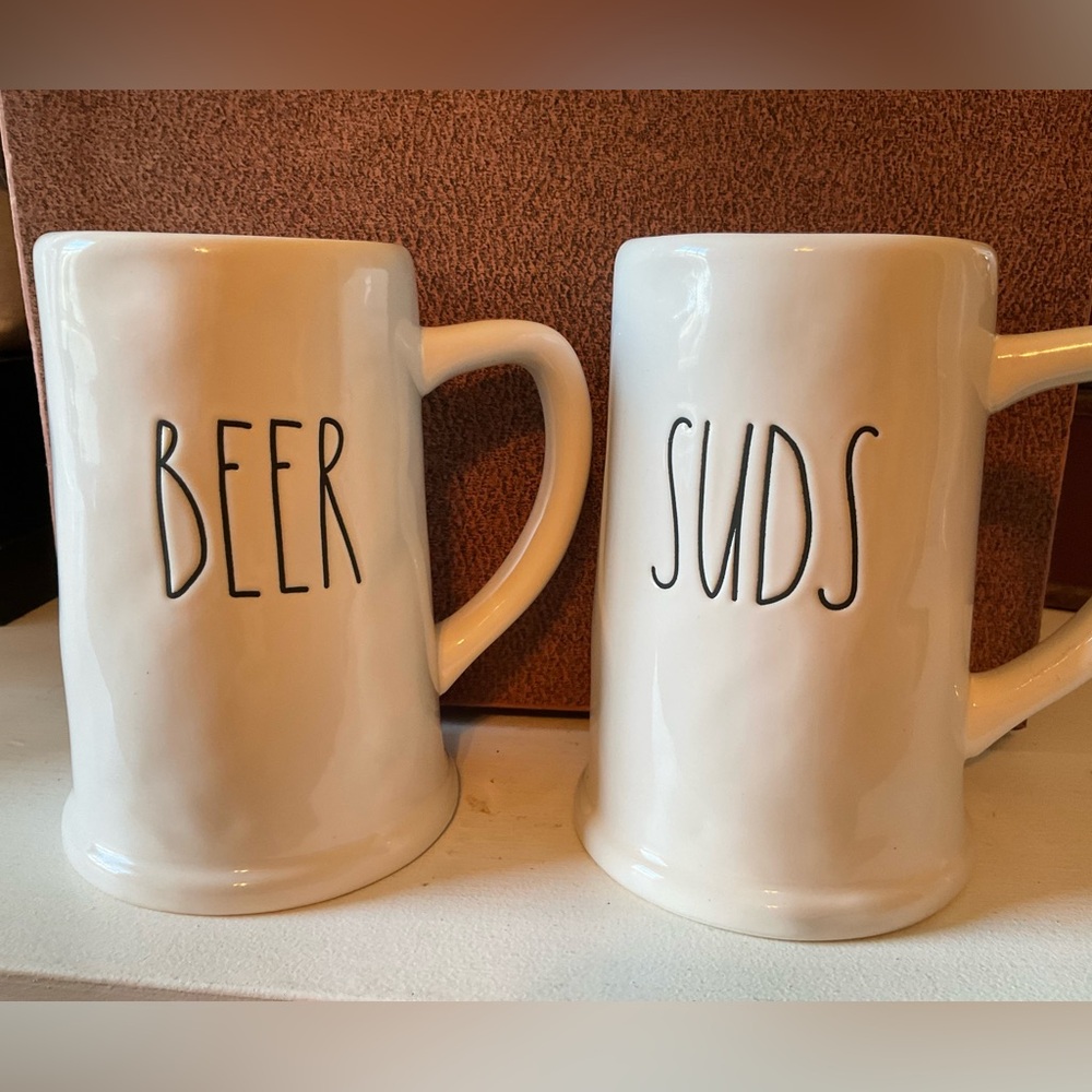 Rae Dunn White Ceramic Beer and Suds Mugs